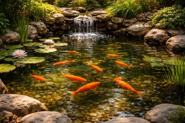 • Lebendige Goldfische schwimmen in einem ruhigen Gartenteich mit Pflanzen und sanftem Licht.