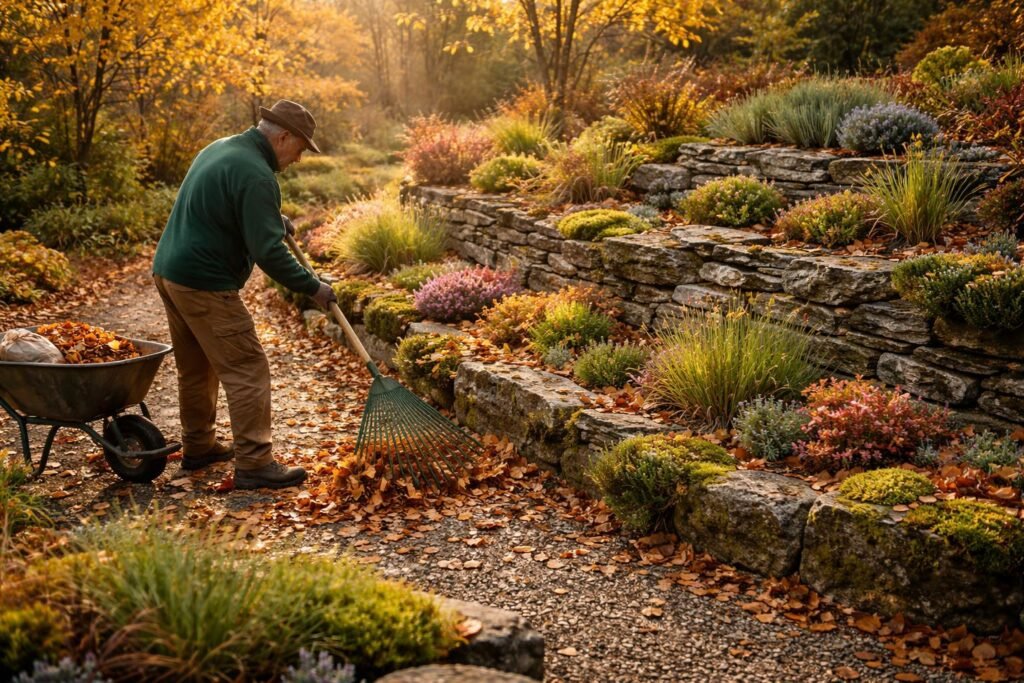 Herbstliche Pflegearbeiten im Steingarten mit Kies, Stauden und Mulch für gesunde Pflanzen