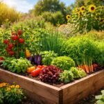 - Sonniges Hochbeet liefert kräftiges Gemüse, Kräuter und Sommerblumen unter Sonnenlicht.