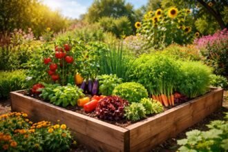 - Sonniges Hochbeet liefert kräftiges Gemüse, Kräuter und Sommerblumen unter Sonnenlicht.