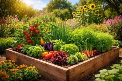 - Sonniges Hochbeet liefert kräftiges Gemüse, Kräuter und Sommerblumen unter Sonnenlicht.