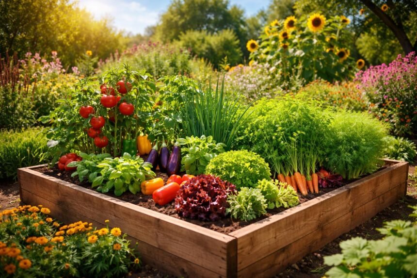 - Sonniges Hochbeet liefert kräftiges Gemüse, Kräuter und Sommerblumen unter Sonnenlicht.