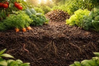 Sommerlicher Gartenboden mit Humusoptimierung verbessert Wasserspeicher, Nährstoffverfügbarkeit und Pflanzengesundheit trotz Hitze