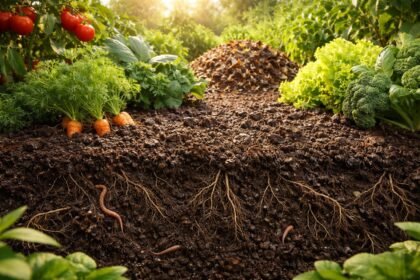 Sommerlicher Gartenboden mit Humusoptimierung verbessert Wasserspeicher, Nährstoffverfügbarkeit und Pflanzengesundheit trotz Hitze