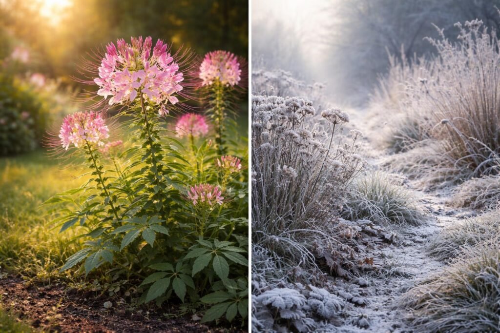 Spinnenblume im Garten zeigt winterharte Merkmale und Frostschutz im Herbst