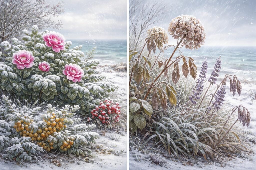 Strandflieder am Küstenrand; winterhart, frostfest; salzbeständig, pflegeleicht, dekorativ, vielseitig im Garten und auf Balkonen geeignet.