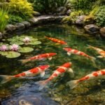 Koi im Gartenteich mit leuchtenden Farben und ruhigen Bewegungen sanft sichtbar