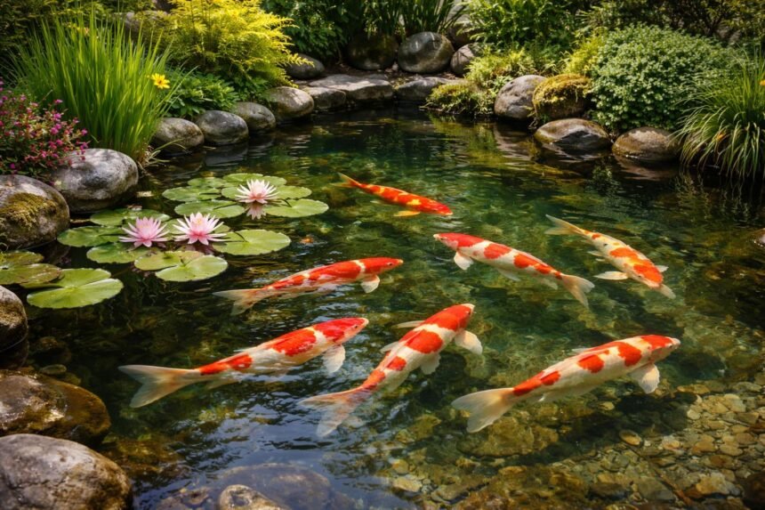 Koi im Gartenteich mit leuchtenden Farben und ruhigen Bewegungen sanft sichtbar
