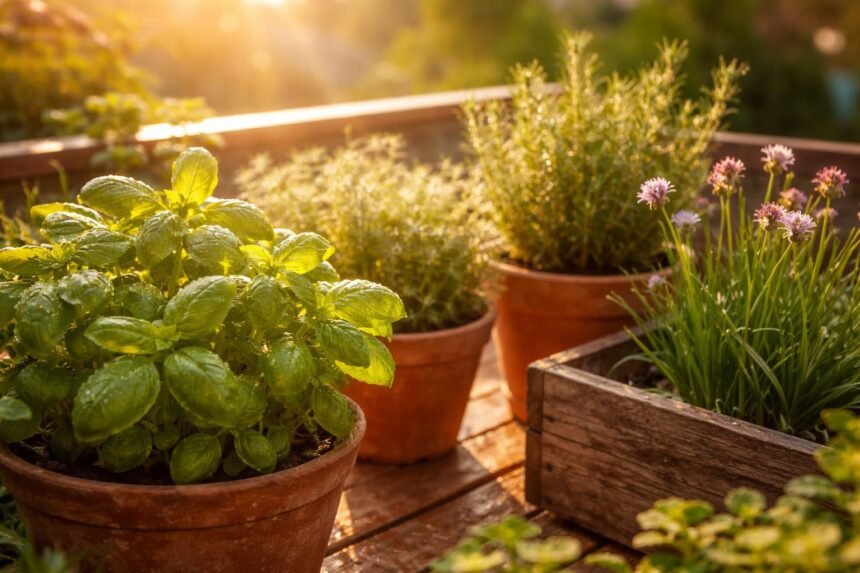 Kräutergarten im Juni: Frische Kräuter wachsen, aromatisch, sonnig und einladend.