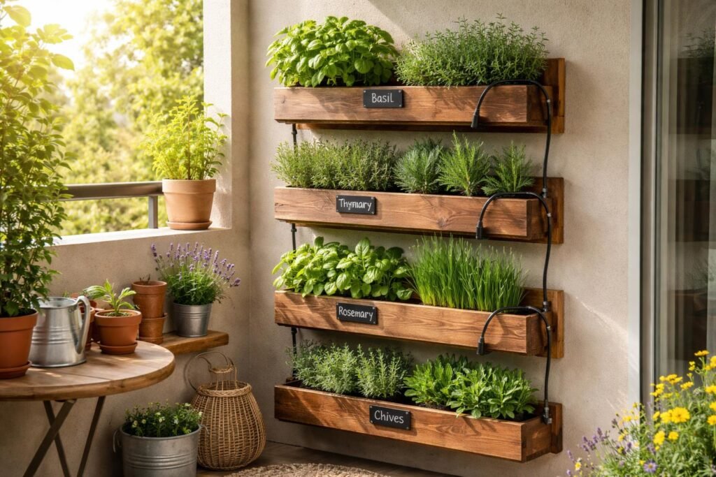 Kräuterwand aus Holzbrettern an einer kleinen Gartenecke, perfekt für enge Flächen