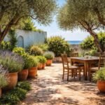 Blumen, Zitrusbäume und Terrakotta-Fliesen schaffen Urlaubsflair im mediterranen Garten, der entspannt wirkt.