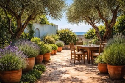 Blumen, Zitrusbäume und Terrakotta-Fliesen schaffen Urlaubsflair im mediterranen Garten, der entspannt wirkt.