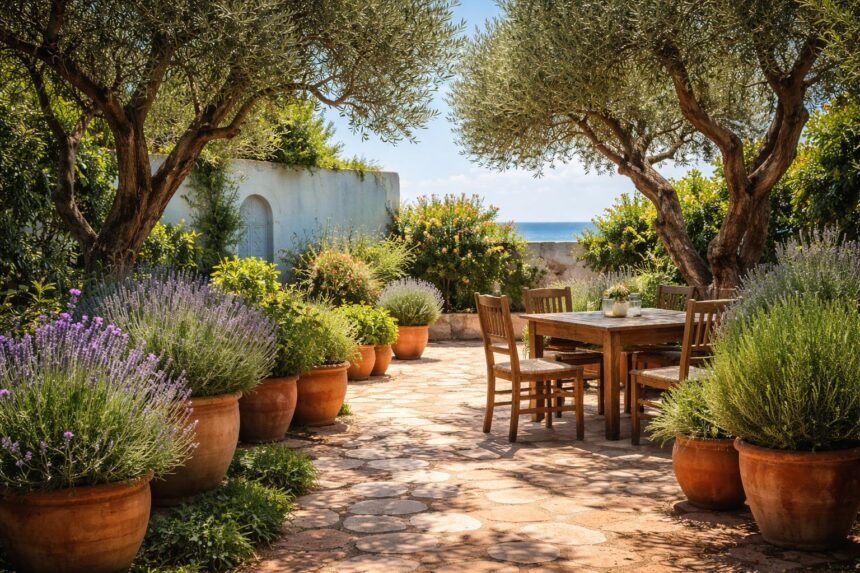 Blumen, Zitrusbäume und Terrakotta-Fliesen schaffen Urlaubsflair im mediterranen Garten, der entspannt wirkt.