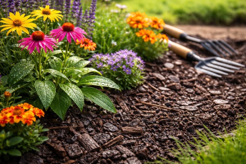 Gartenbeete schützen sich vor Sommerhitze dank Mulch und Pflege durch sorgfältige Bewässerung und Bodenkontrolle