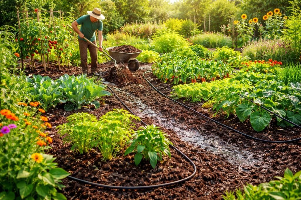 Gartenbewässerung im Sommer: So sparst du Wasser und Geld Mulch bedeckt Boden, Feuchtigkeit bleibt länger erhalten, Tropfbewässerung sichtbar, grüne Kräuter im Hintergrund
