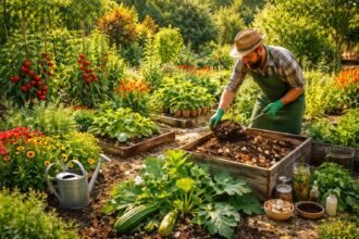 - Sommerlicher Garten – Tomaten gedeihen; Zucchini wachsen; Kräuter blühen dank Haushaltsmitteln