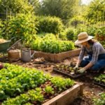 Junger Garten im Juni: freie Flächen für neue Aussaaten und Pflanzungen.