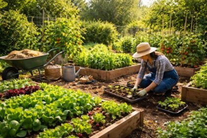 Junger Garten im Juni: freie Flächen für neue Aussaaten und Pflanzungen.
