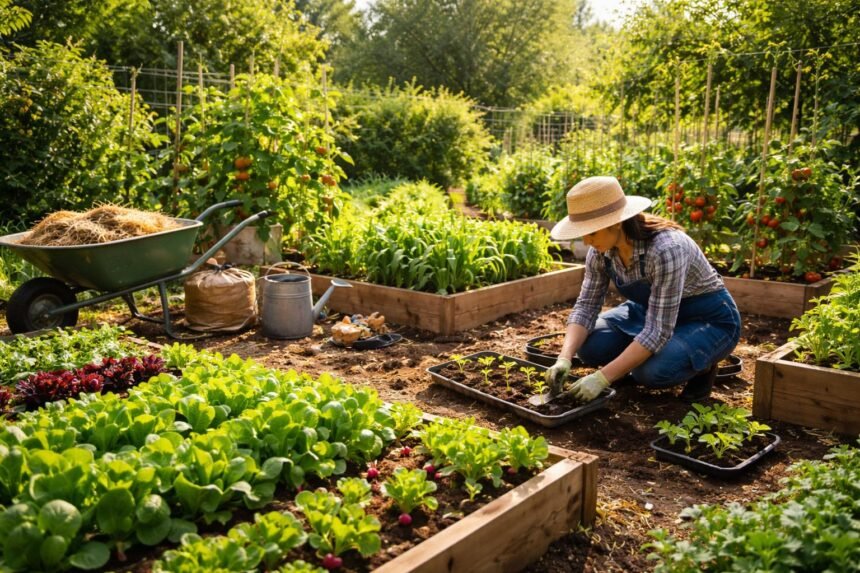 Junger Garten im Juni: freie Flächen für neue Aussaaten und Pflanzungen.