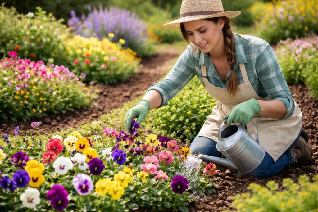 - Stiefmütterchen im Beet zeigen bunte Blüten, pflegeleicht, fröhliche Gartenszene mit Kräutern.
