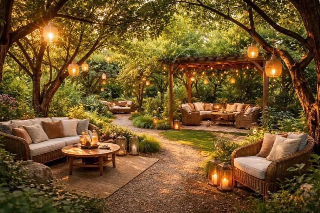 Schattige Gartenlounge mit Hängematte, gemütlichen Sitzkissen und Holzterrasse im Sommer.