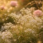 - Schleierkraut in einem naturnahen Garten zwischen Rosen, Stauden und Kiesbeeten, zart blühend.