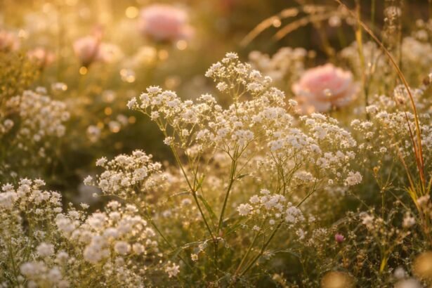 - Schleierkraut in einem naturnahen Garten zwischen Rosen, Stauden und Kiesbeeten, zart blühend.