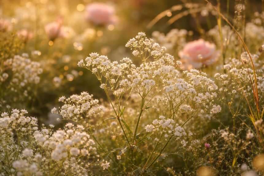 - Schleierkraut in einem naturnahen Garten zwischen Rosen, Stauden und Kiesbeeten, zart blühend.
