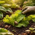 Garten mit Schnecken, Salatblätter angefressen, klare, clevere Bekämpfungsstrategie sichtbar im Sommer.