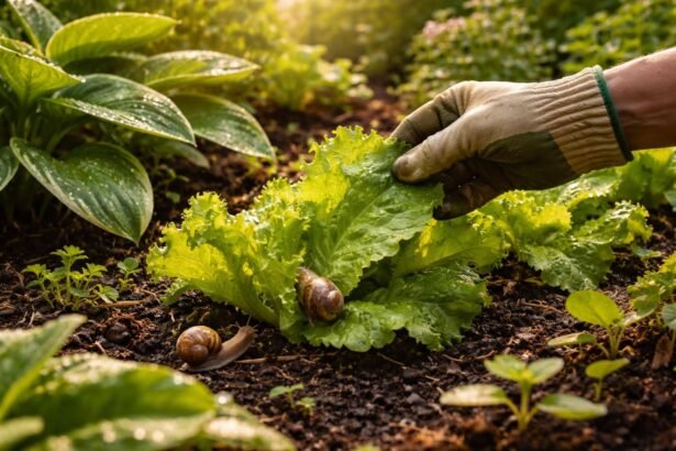 Garten mit Schnecken, Salatblätter angefressen, klare, clevere Bekämpfungsstrategie sichtbar im Sommer.