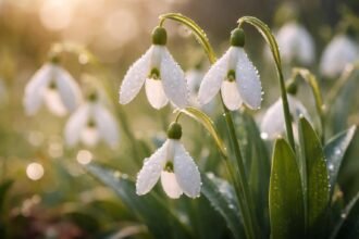 - Zarte Schneeglöckchen im Morgengrauen, robuste Frühjahrsboten für Beete, lassen Farben aufblühen