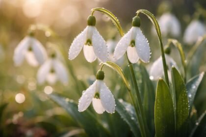 - Zarte Schneeglöckchen im Morgengrauen, robuste Frühjahrsboten für Beete, lassen Farben aufblühen