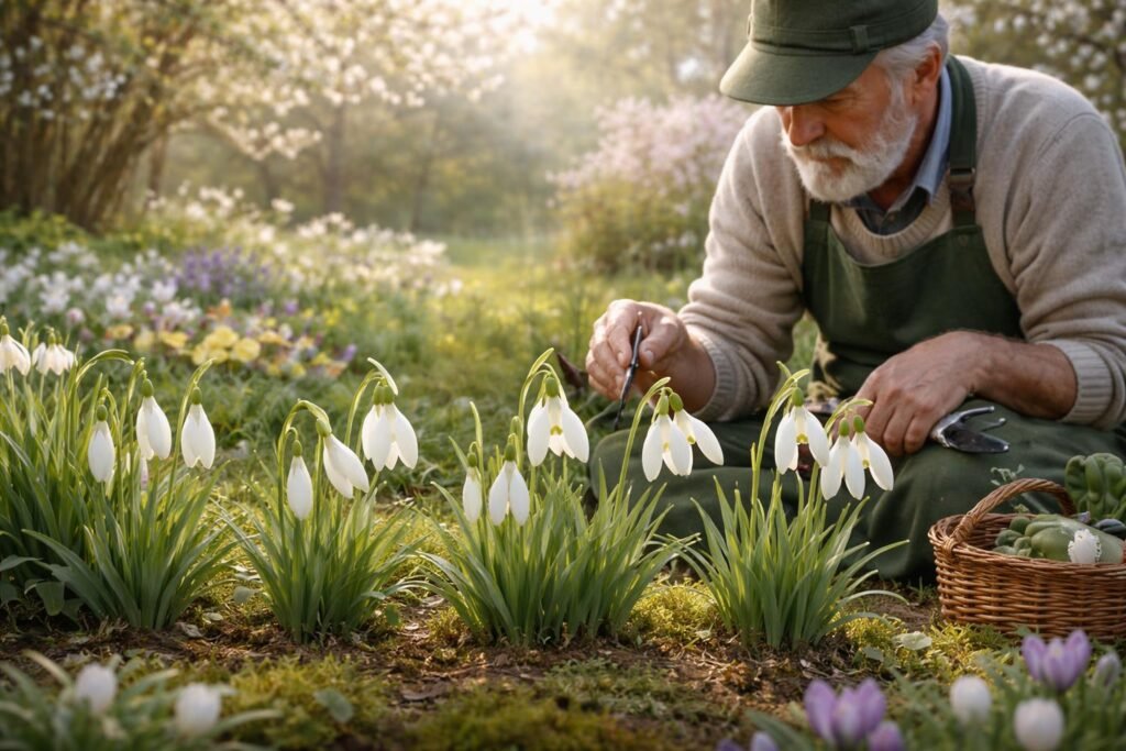 Schneeglöckchen nach Blütezeit geordnet; verschiedene Arten in einem Garten im Frühling