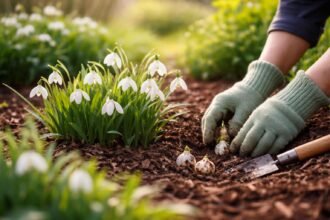 Schneeglöckchen blühen früh im Garten, zarte weiße Blüten unter Gehölzen