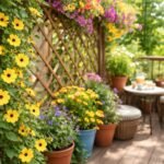 Schwarzäugige Susanne klettert an Rankgitter mit leuchtenden orangefarbenen Blüten und dunklem Schlund