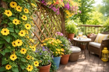 Schwarzäugige Susanne klettert an Rankgitter mit leuchtenden orangefarbenen Blüten und dunklem Schlund