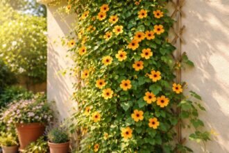 Schwarzäugige Susanne kletternd am Balkon mit leuchtenden Blüten und dunklem Auge.