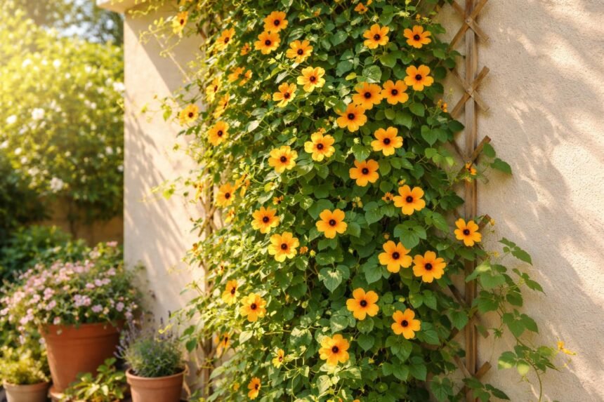 Schwarzäugige Susanne kletternd am Balkon mit leuchtenden Blüten und dunklem Auge.