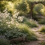 Silberblatt-Pflanze mit silbrig schimmernden Samenschoten und zarten Blüten im Garten.