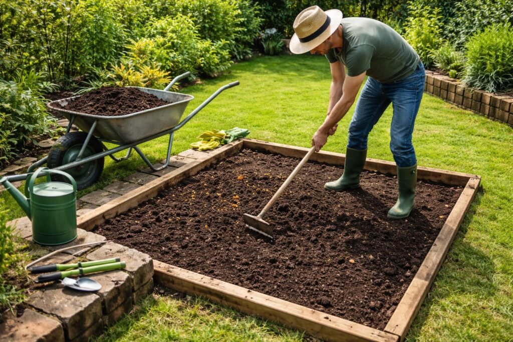 - Beet und Erde vorbereiten: lockern, düngen, mulchen, säen, gießen im Juni.