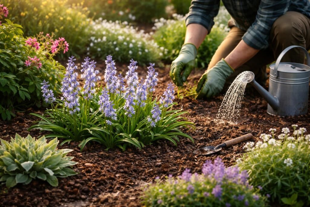 Spanisches Hasenglöckchen im Gartenbeet, Standortwahl, Pflegehinweise und Bewässerungstipps für sonnige bis halbschattige Lagen.