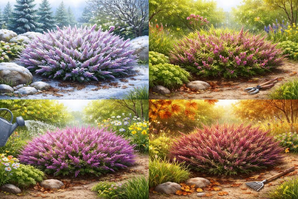 Erica carnea pflegeleicht, winterhart, jahreszeitenübergreifend im Beet pflegen, gestalten und staudenfreundlich
