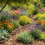 Blumenbeet mit Mulch, Beschattung und Bewässerung gegen extreme Sommerhitze, sichtbar grün.