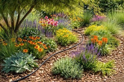 Blumenbeet mit Mulch, Beschattung und Bewässerung gegen extreme Sommerhitze, sichtbar grün.