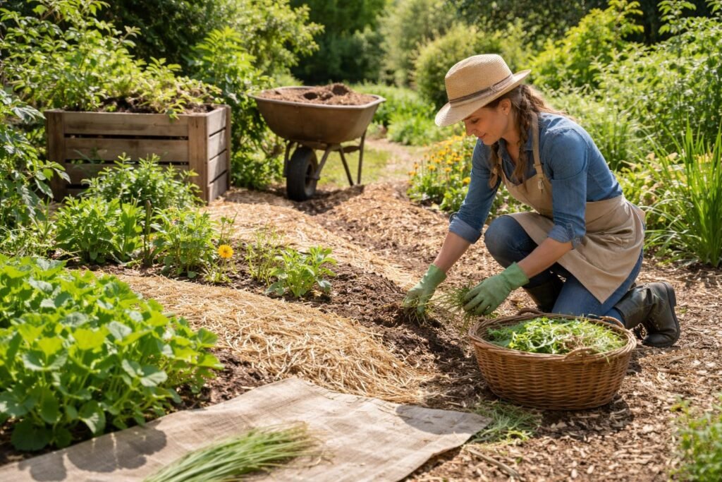 Gartenansicht mit Unkraut, Gartengeräten, Essigflasche und Salzstreuer im Fokus und sonnigem Hintergrund.