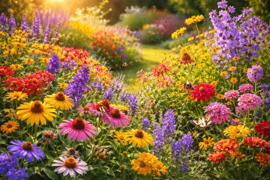 Sommerblumen beleben den Garten: summende Bienen, flatternde Schmetterlinge, bunte Vielfalt.