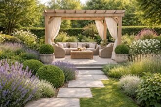 Leicht wirkender Sommergarten, klare Strukturen, natürliche Materialien, langlebige Bepflanzung, wenig Pflege.