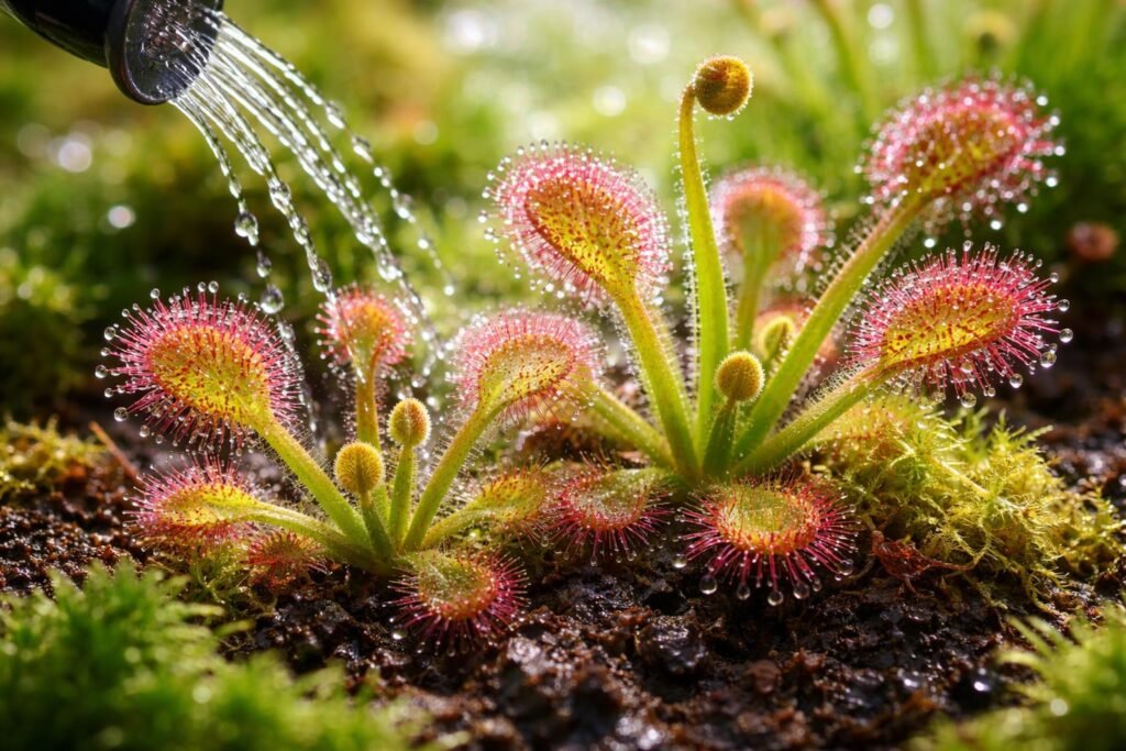 Sonnentau: Pflanzen, Pflege & Drosera-Arten - Sonnentau-Drosera im Glasbehälter, Tropfen, Licht und Substrat im Fokus der Pflege.