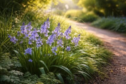 Spanisches Hasenglöckchen wächst halbschattig in Beet mit glockenförmigen Blüten und sanfter Frühlingsstimmung.