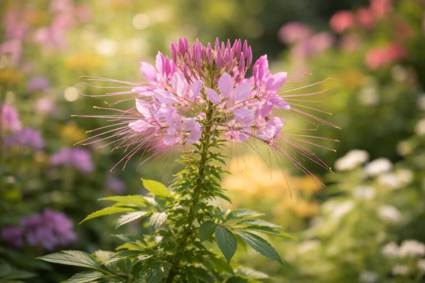 Spinnenblume Cleome zeigt filigrane Blüten, lange Staubfäden und Gartencharme im Sommer.